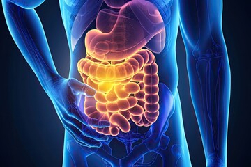 Crohn's disease Inflammatory bowel disease causing abdominal pain and digestive issues, Crohn's disease Inflammatory bowel condition leading to abdominal discomfort and digestive complications. - obrazy, fototapety, plakaty