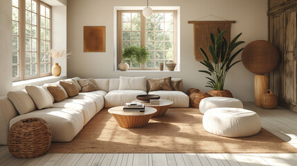 Fototapeta na wymiar A boho living room with a focus on sustainability and eco-conscious design, featuring ethically sourced furniture, organic cotton textiles, and energy-efficient lighting, all contr