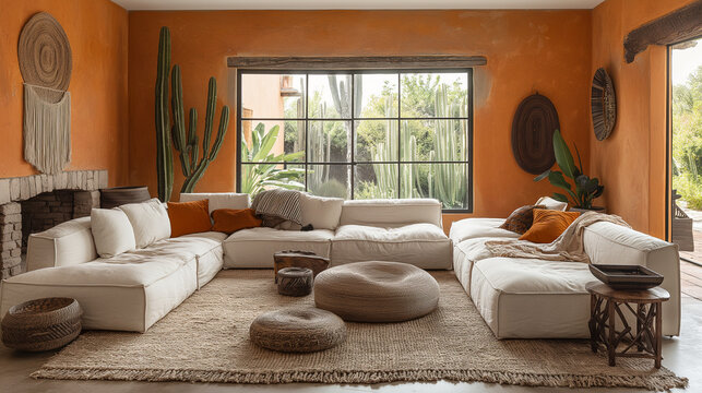 A bohemian-inspired living room with an emphasis on texture, featuring a mix of woven textiles, shaggy rugs, and tactile accents such as fringe, tassels, and embroidery, adding dep