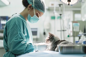 Veterinarian performing surgery on a beloved pet, A caring veterinarian conducting surgery on a cherished pet with skill and compassion. - obrazy, fototapety, plakaty