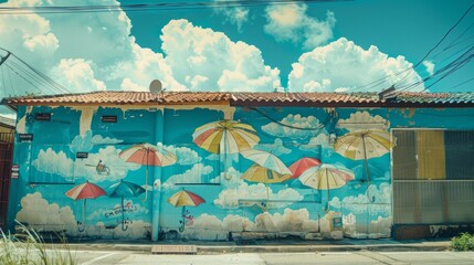 A whimsical street corner decorated with painted umbrellas and clouds