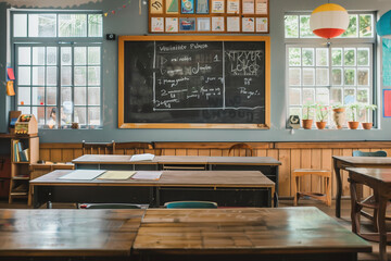 A classroom with a chalkboard and empty desks. The chalkboard has a quote on it that says "I am the world, and you are the world, and we are the world." Scene is peaceful and reflective