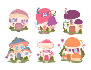 Cartoon Color Different Type Fairytale Mushroom Houses Set Concept Flat Design Style. Vector illustration of Forest Fairy Home in Plants