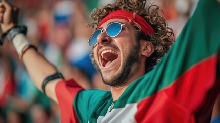 A happy fan at a public event in a stadium, holding an Italian flag with a smile and making a gesture, while enjoying the fun and leisure with a cheering crowd. AIG41 - obrazy, fototapety, plakaty
