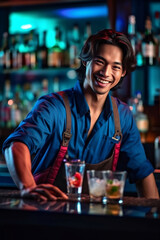 Young smiling filipino bartender on the workplace. Shelves with bottles of alcohol in the background