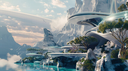 a futuristic city is sitting on top of a mountain next to a body of water - obrazy, fototapety, plakaty