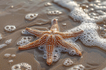 A starfish is laying on the sand with foam around it