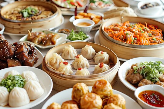 Chinese food presentation with dim sum, stir-fries, and dumplings, A delightful spread of Chinese cuisine including dim sum, flavorful stir-fries, and savory dumplings.