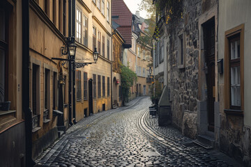 Fototapeta na wymiar A cobblestone street with a bench and a lamp post