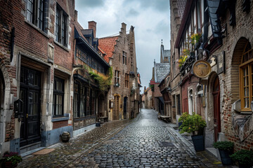 A cobblestone street with a brick building and a clock on the side - obrazy, fototapety, plakaty