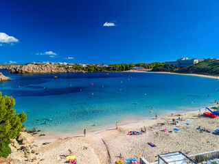 Fototapeta premium Areal drone view of the Arenal d'en Castell beach on Menorca island, Spain