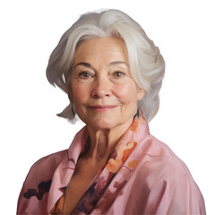 Woman with white hair in pink shirt and scarf smiling in portrait photography on transparent