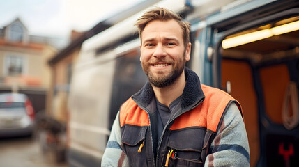 Confident truck fleet owner or driver standing proudly in front of his trucks.