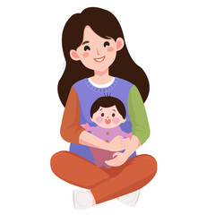 Happy cartoon mother with newborn baby in her arms. Mom hugs her children. Flat vector people isolated on white background