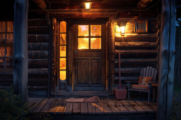 A wooden cabin with a door that is open and a light shining through the window