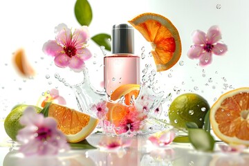 Natural vitamin c serum, skincare, essential oil products. Bottle of vitamin C serum with fresh juicy orange fruit. 
