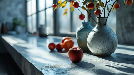 Sun kissed apples on a rustic wooden surface near a sunny window - obrazy, fototapety, plakaty