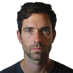 Fototapeta premium A man with facial hair is making a gesture towards the camera in a flash photography. His nose, cheek, eyelash, jaw, neck, and throat are visible in the shot, along with his ear on transparent