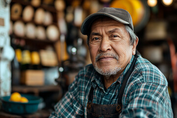 Portrait of a senior Hispanic worker during a break from work at a local cafe.