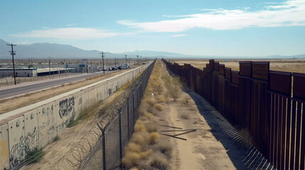 Top view of border wall American and Mexican international border.