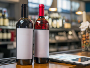 Two wine bottles with empty white labels on the counter in the liquor store.