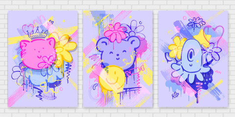 Set of bright posters with cute, kawaii characters, bear, cat, flowers, alien, smile, brush strokes, splatters. Hand drawn style.