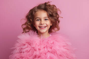 Happy child girl wearing pink dress posing on pink background. Kids birthday party.