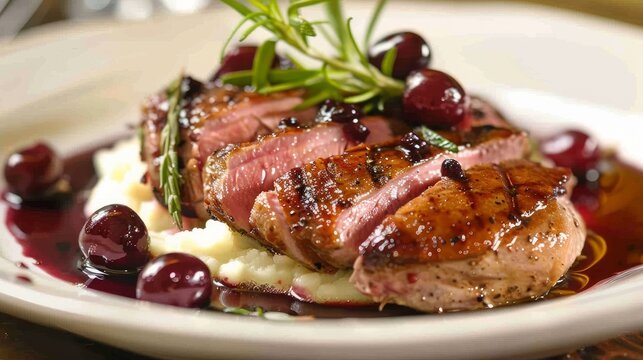 Pan-seared duck breast with a cherry sauce