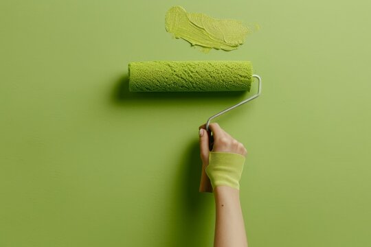 Artist painting green wall with paint roller