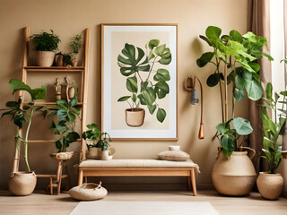 Creative composition of living room interior with mock up poster frame, wooden bench, plants, vase with green leaves, brown ladder, beige pitcher and personal accessories. Home decor. Template. - obrazy, fototapety, plakaty