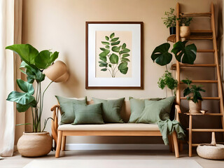 Creative composition of living room interior with mock up poster frame, wooden bench, plants, vase with green leaves, brown ladder, beige pitcher and personal accessories. Home decor. Template.