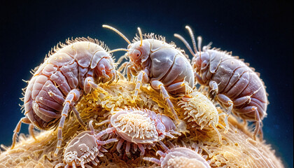 Extreme close-up of a mite sitting on organic tissue and dust - ai generated - obrazy, fototapety, plakaty