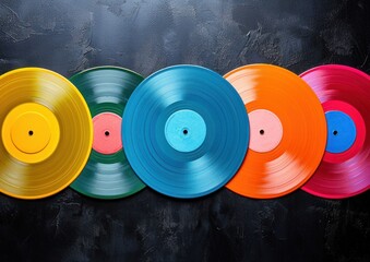 Colored vinyl records arranged neatly on a black background