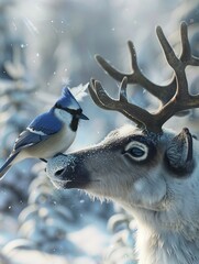 A bird perched elegantly on top of a deers head in a serene and unexpected moment