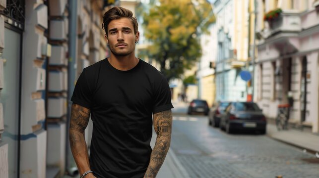 male Model Shirt Mockup, man wearing black t-shirt on a sidewalk