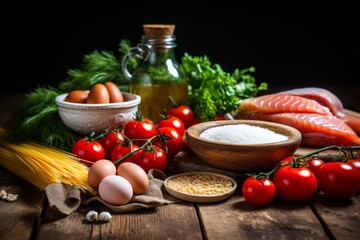Fresh raw ingredients for cooking delicious pasta dish on rustic wooden background