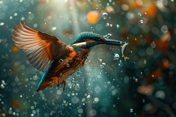 A colorful bird soars through the sky with a fish gripped tightly in its beak - obrazy, fototapety, plakaty