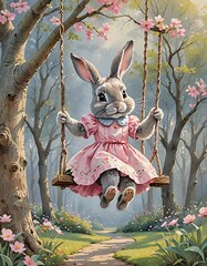A whimsical anthropomorphic rabbit wearing a pink dress swings joyfully on a wooden swing attached to tree branches 
