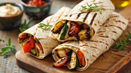 Whole grain wraps with hummus and grilled vegetables