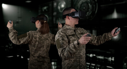 Warfare pilot using head-mounted displays VR glasses, digital device operating with robot, drone or...