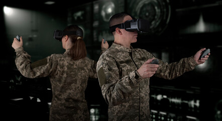 Warfare pilot using head-mounted displays VR glasses, digital device operating with robot, drone or troops of mechanical soldiers. The military's training virtual simulators, AI technology © TSViPhoto