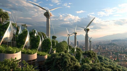 Wind turbines integrated into the urban landscape - obrazy, fototapety, plakaty