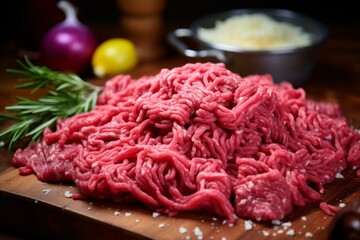 Obraz premium Fresh minced meat and cooking ingredients on a wooden cutting board against a dark backdrop