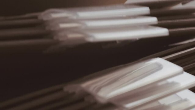 close-up female hands sort through cardboard folders, archive documents, file cabinet HR department, concept family tree, organize financial documents, accounting records, tax declarations, legal acts