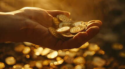 Hand holding cryptocurrency coins with sunlight