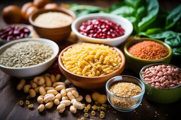 Organic assortment of grains and legumes in rustic wooden bowls on natural background