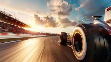 Racing car speeding on track at sunset