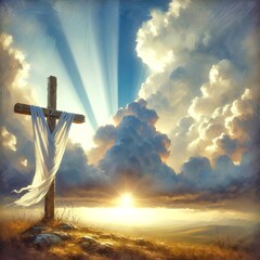 Sunlight pierces the clouds, casting dramatic rays across a tranquil landscape where a wooden cross stands prominently on a hilltop, draped with a white cloth
