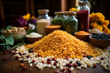 Raw pasta with ingredients for cooking on wooden table. Selective focus.