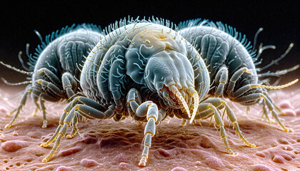 Extreme close-up of a mite sitting on organic tissue and dust - ai generated - obrazy, fototapety, plakaty